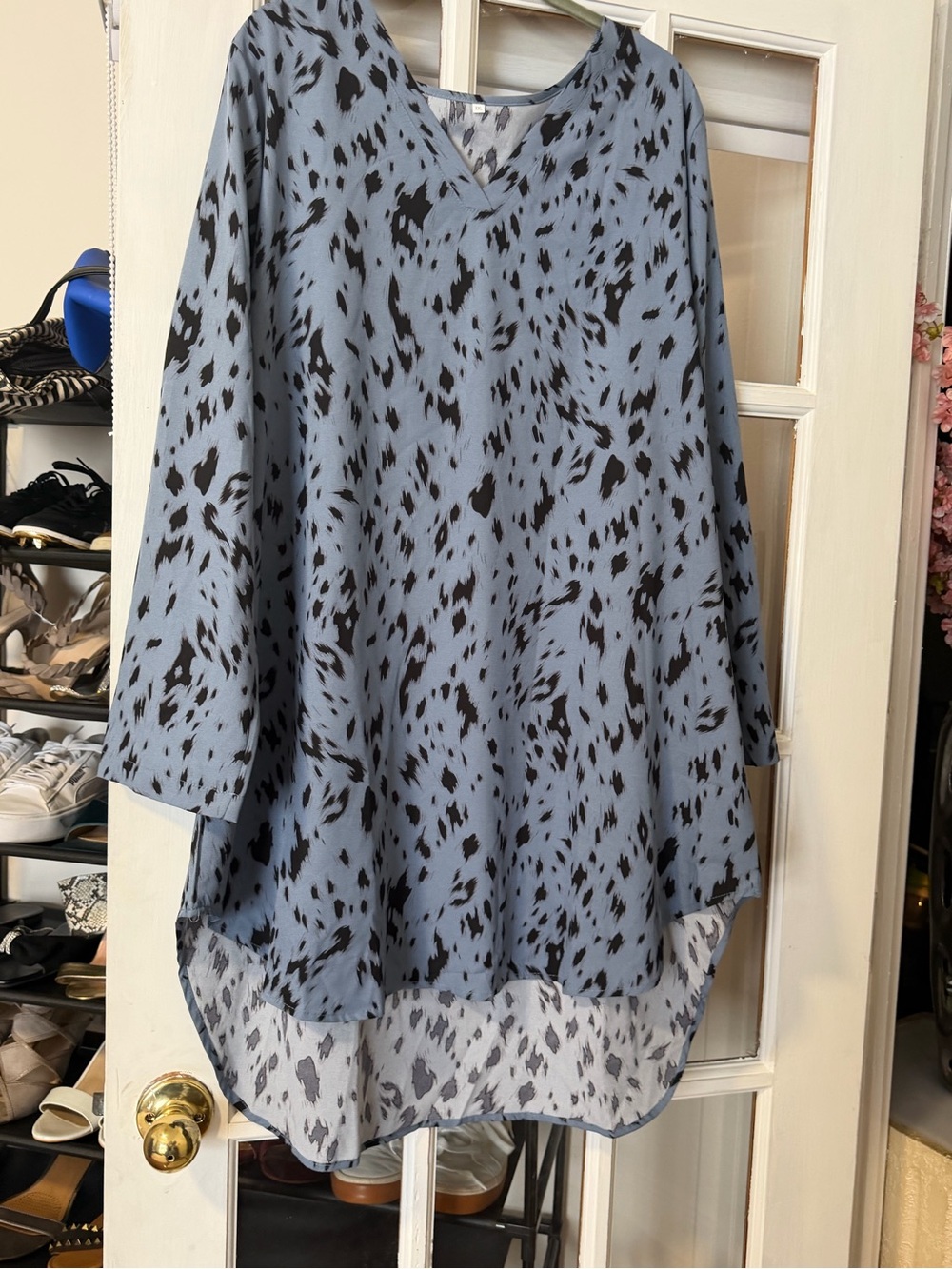 Light Blue & Black Printed V-Neck Tunic